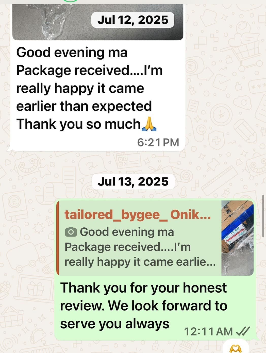 Customer WhatsApp testimonial